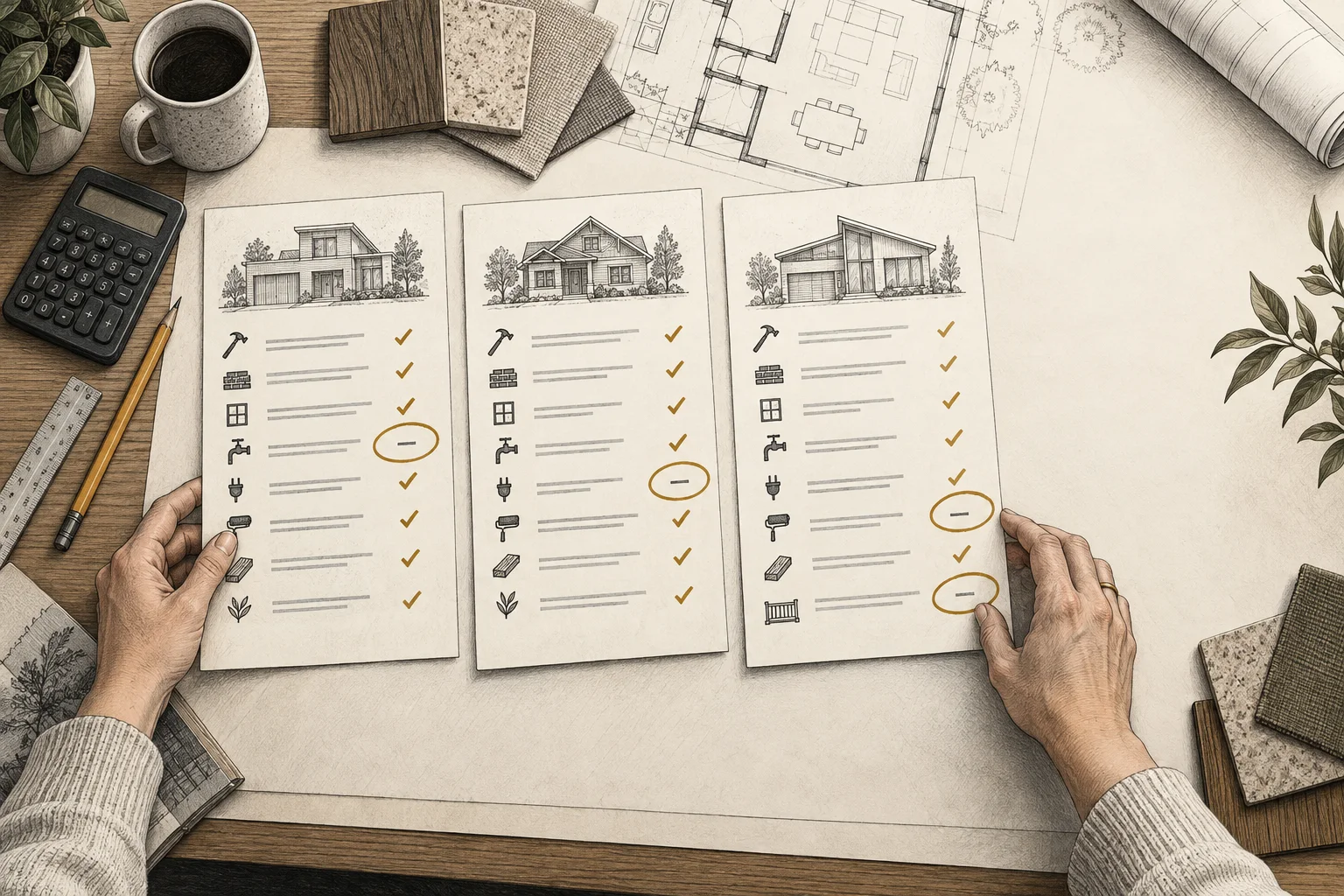 Three contractor proposals are aligned on a drafting table so missing and mismatched scope can be compared.