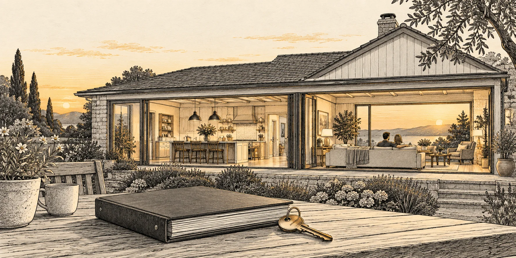 A completed renovated home at sunset, with the homeowners relaxing inside and the project binder closed.