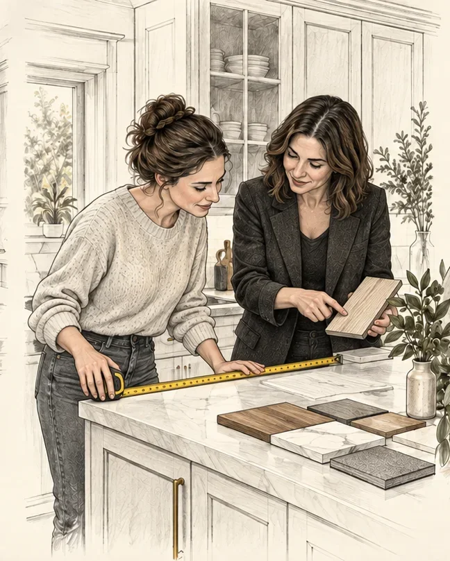 A homeowner and design professional measure the kitchen and review material samples.