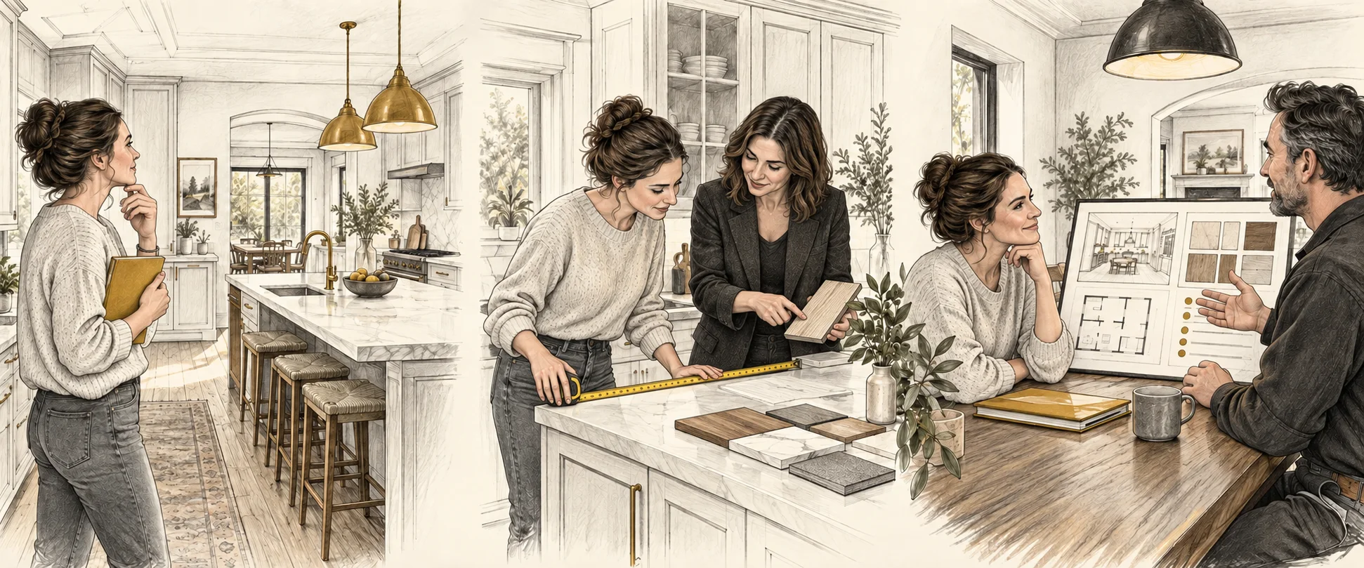 Three scenes show a homeowner choosing a room, measuring the scope, and reviewing an organized plan.