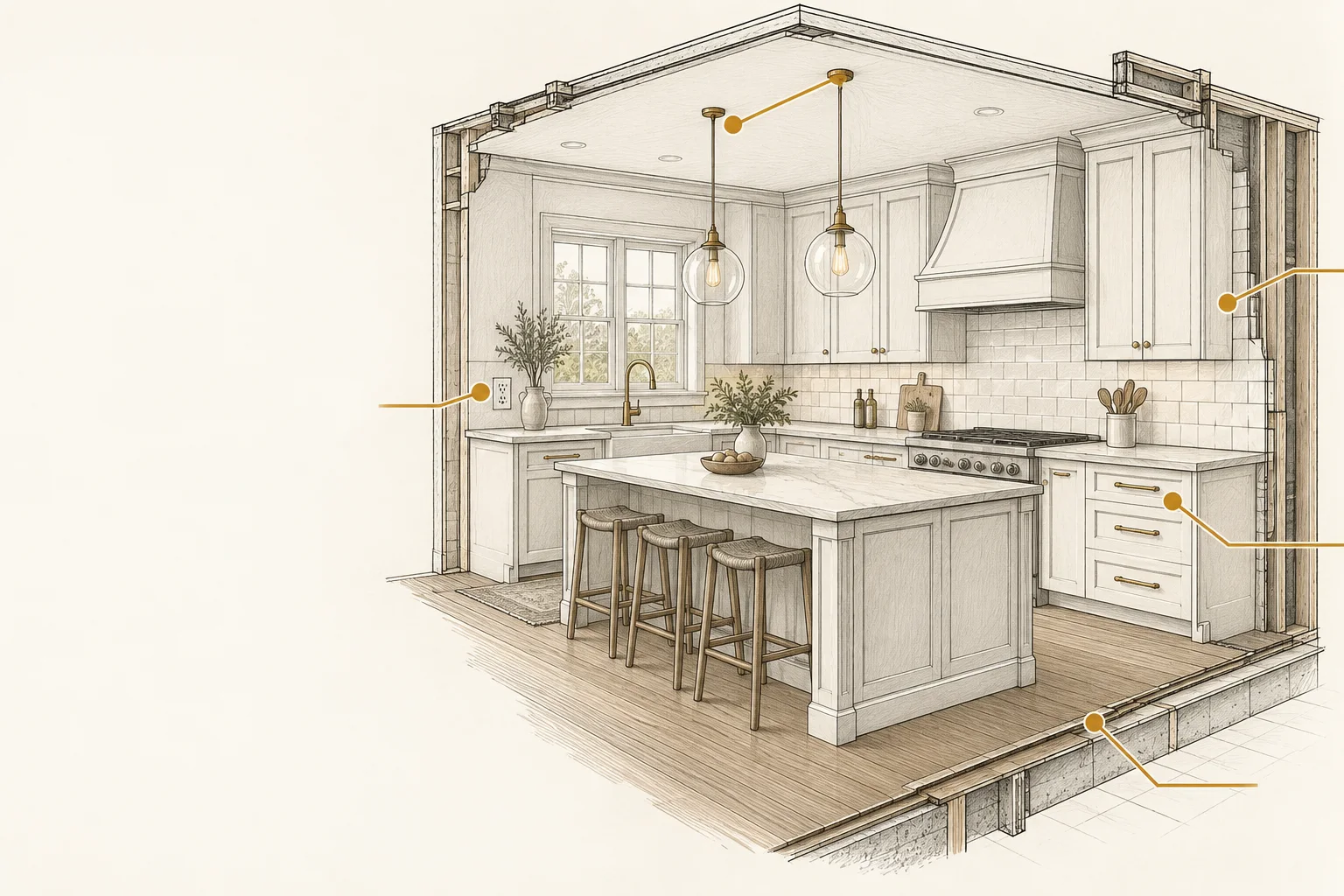 A cutaway kitchen highlights electrical, lighting, hardware, and flooring decisions that affect renovation scope.